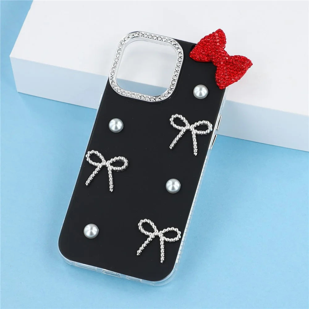 For iPhone 15 Pro Max Case Pearl Bow Decor PC + TPU IMD Phone Cover with Rhinestone Camera Ring - Classic Black - 7