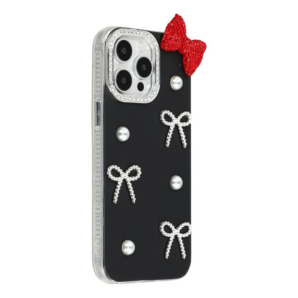 For iPhone 14 Pro Max Case Pearl Bow Decor PC + TPU IMD Phone Cover with Rhinestone Camera Ring - Classic Black - 2