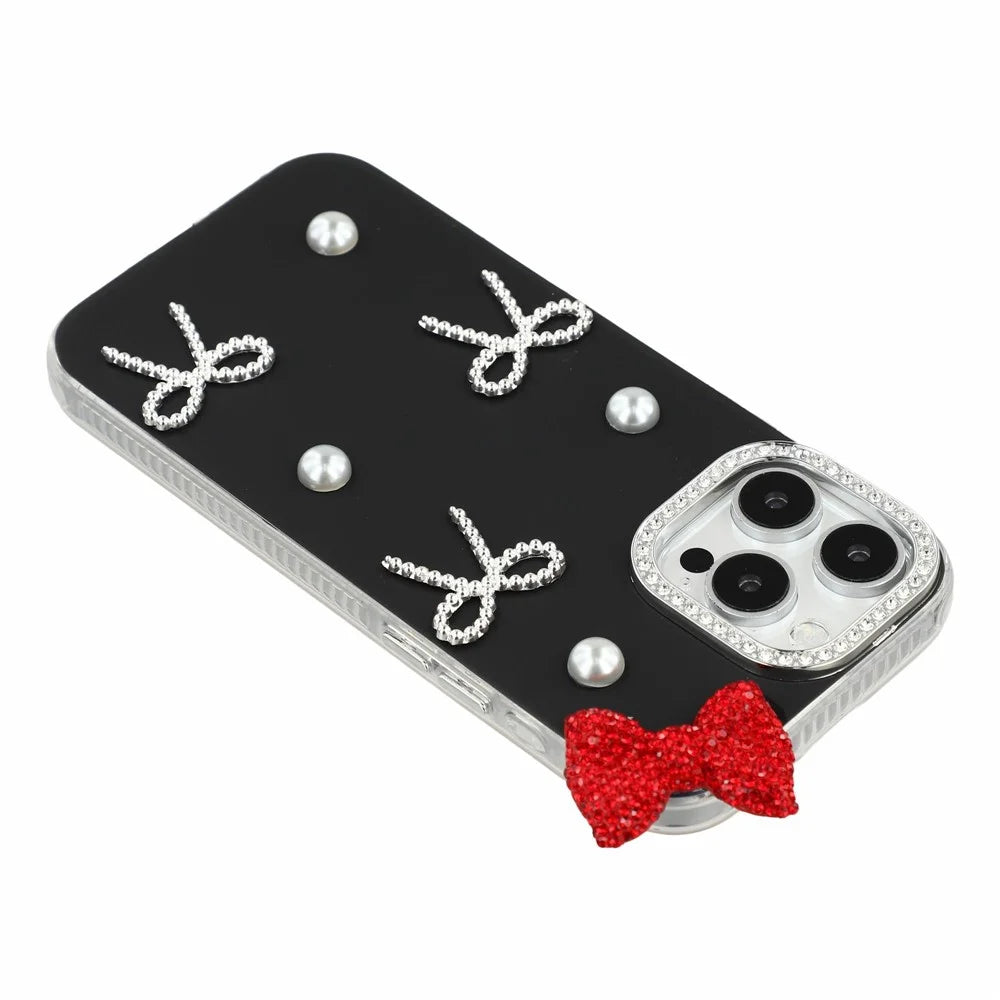 For iPhone 14 Pro Max Case Pearl Bow Decor PC + TPU IMD Phone Cover with Rhinestone Camera Ring - Classic Black - 5
