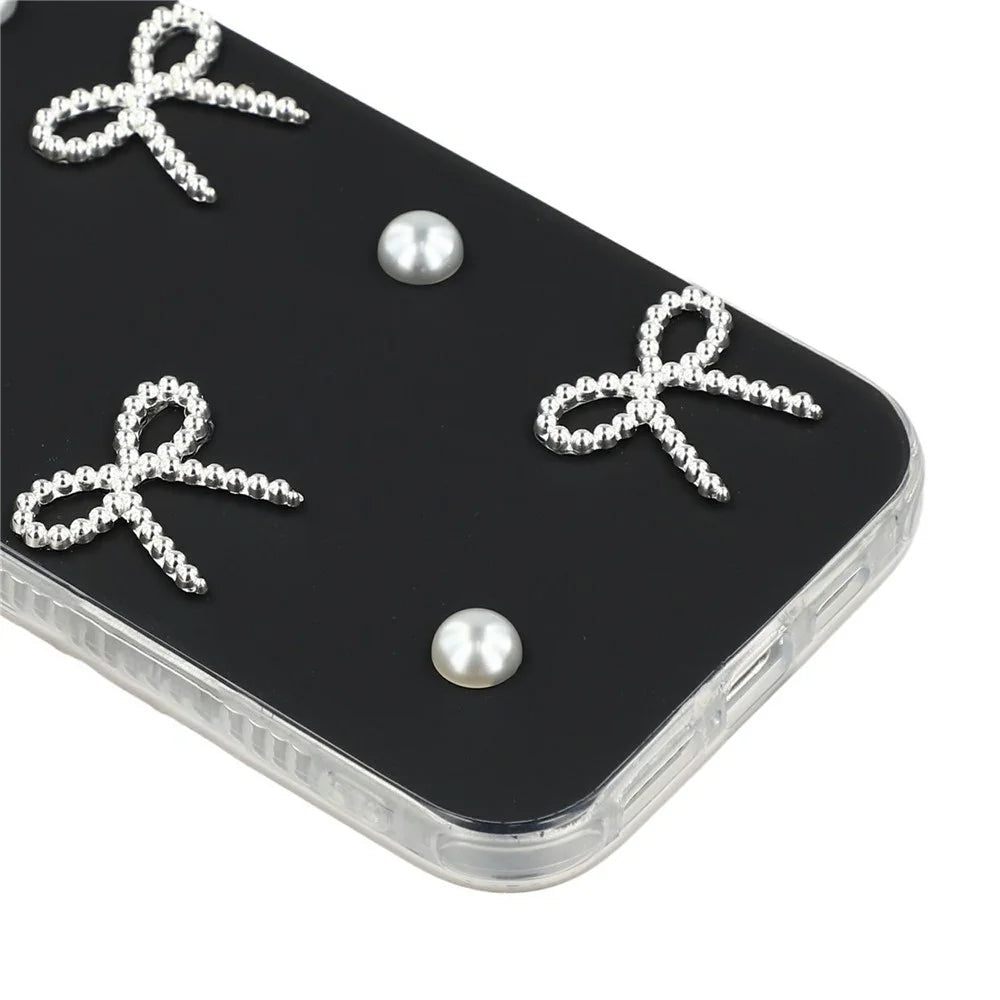 For iPhone 13 Pro Max Case Pearl Bow Decor PC + TPU IMD Phone Cover with Rhinestone Camera Ring - Classic Black - 6