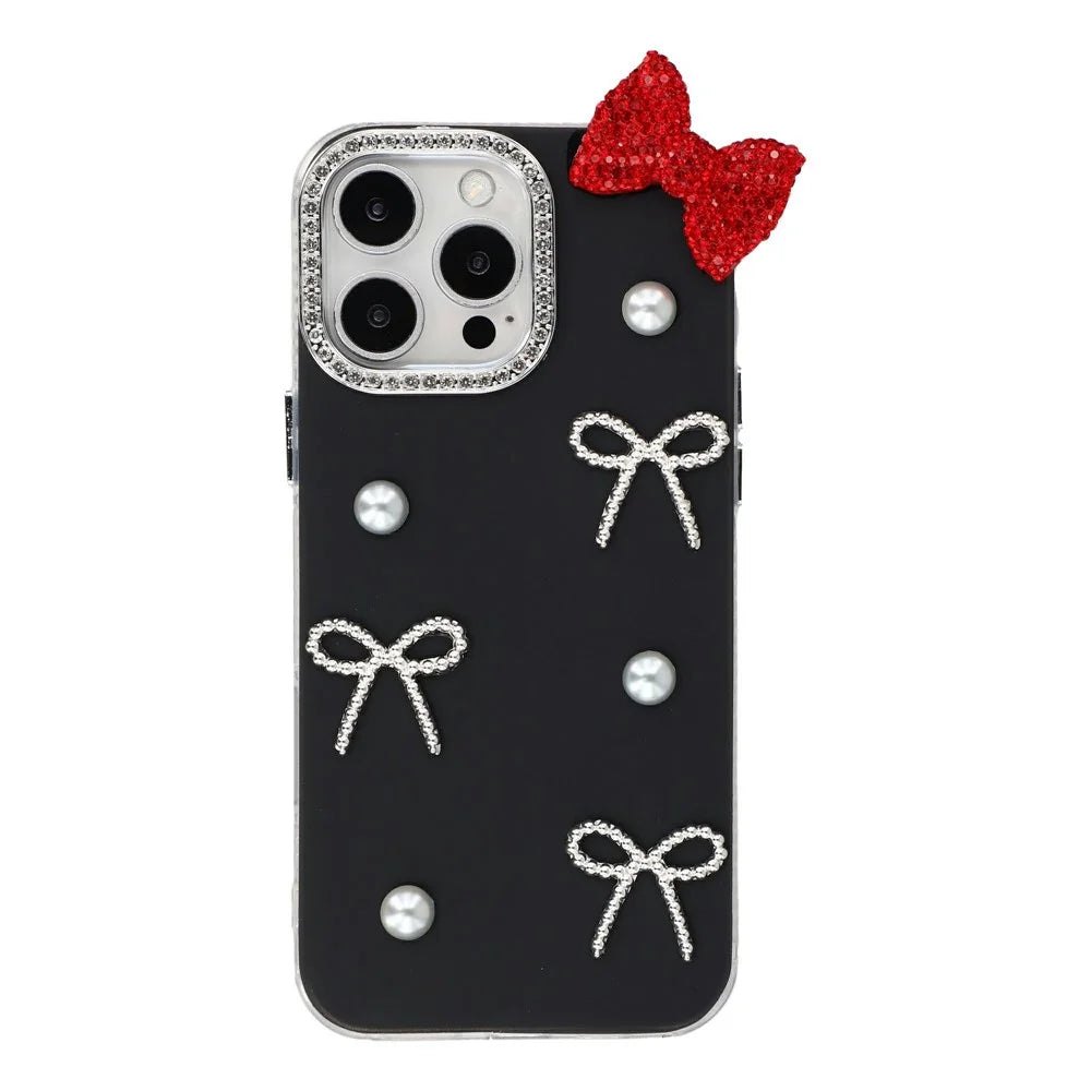 For iPhone 13 Pro Case Pearl Bow Decor PC + TPU IMD Phone Cover with Rhinestone Camera Ring - Classic Black - 1