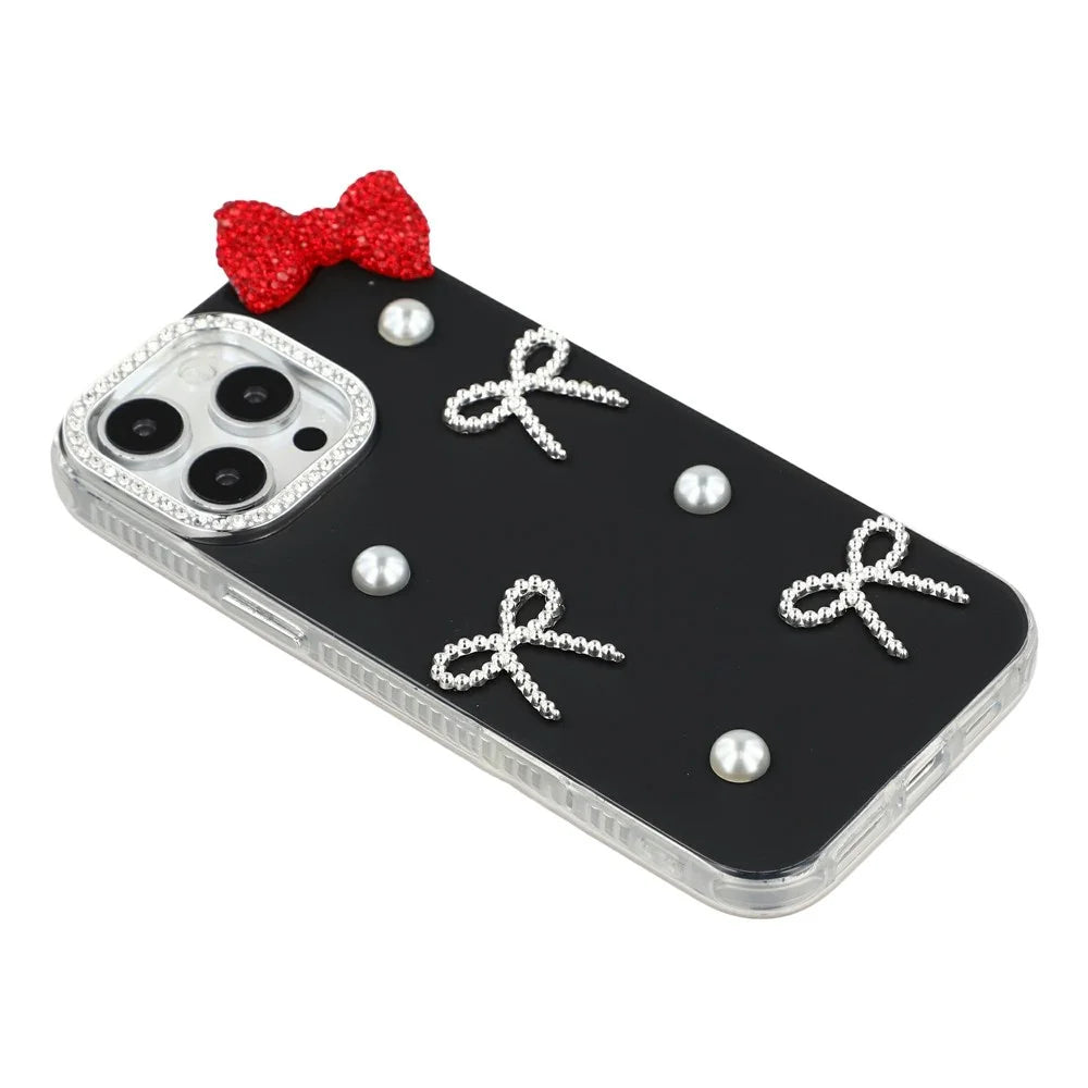 For iPhone 13 Pro Case Pearl Bow Decor PC + TPU IMD Phone Cover with Rhinestone Camera Ring - Classic Black - 4