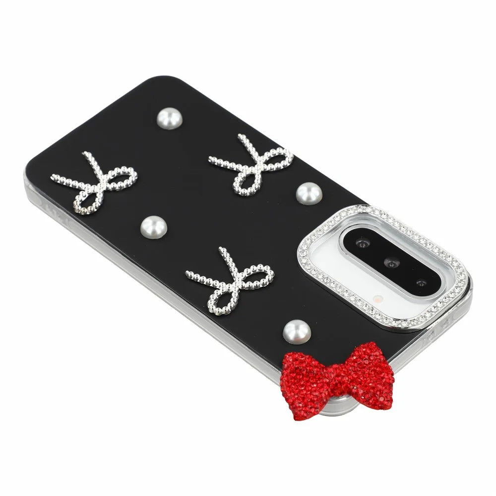 For Samsung Galaxy S26 Case Pearl Bow Decor PC + TPU IMD Phone Cover with Rhinestone Camera Ring - Classic Black - 4