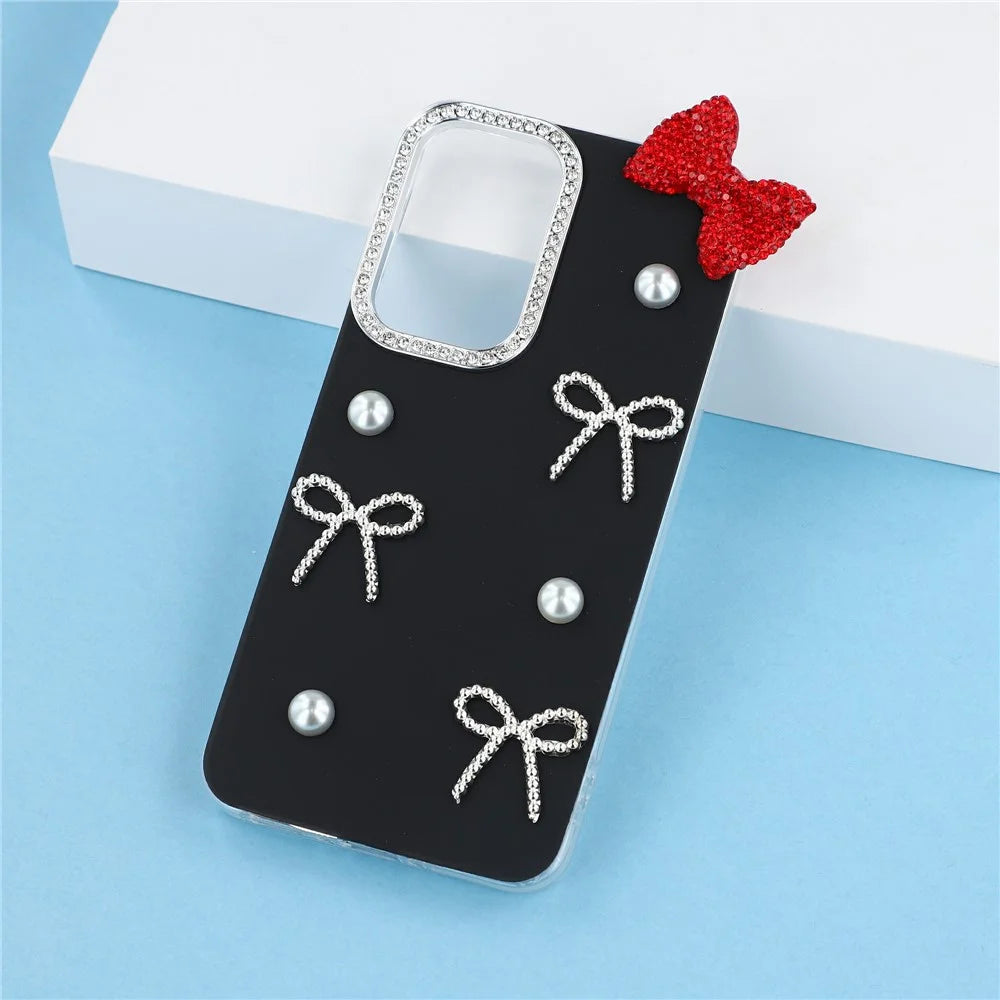 For Samsung Galaxy S26 Case Pearl Bow Decor PC + TPU IMD Phone Cover with Rhinestone Camera Ring - Classic Black - 6