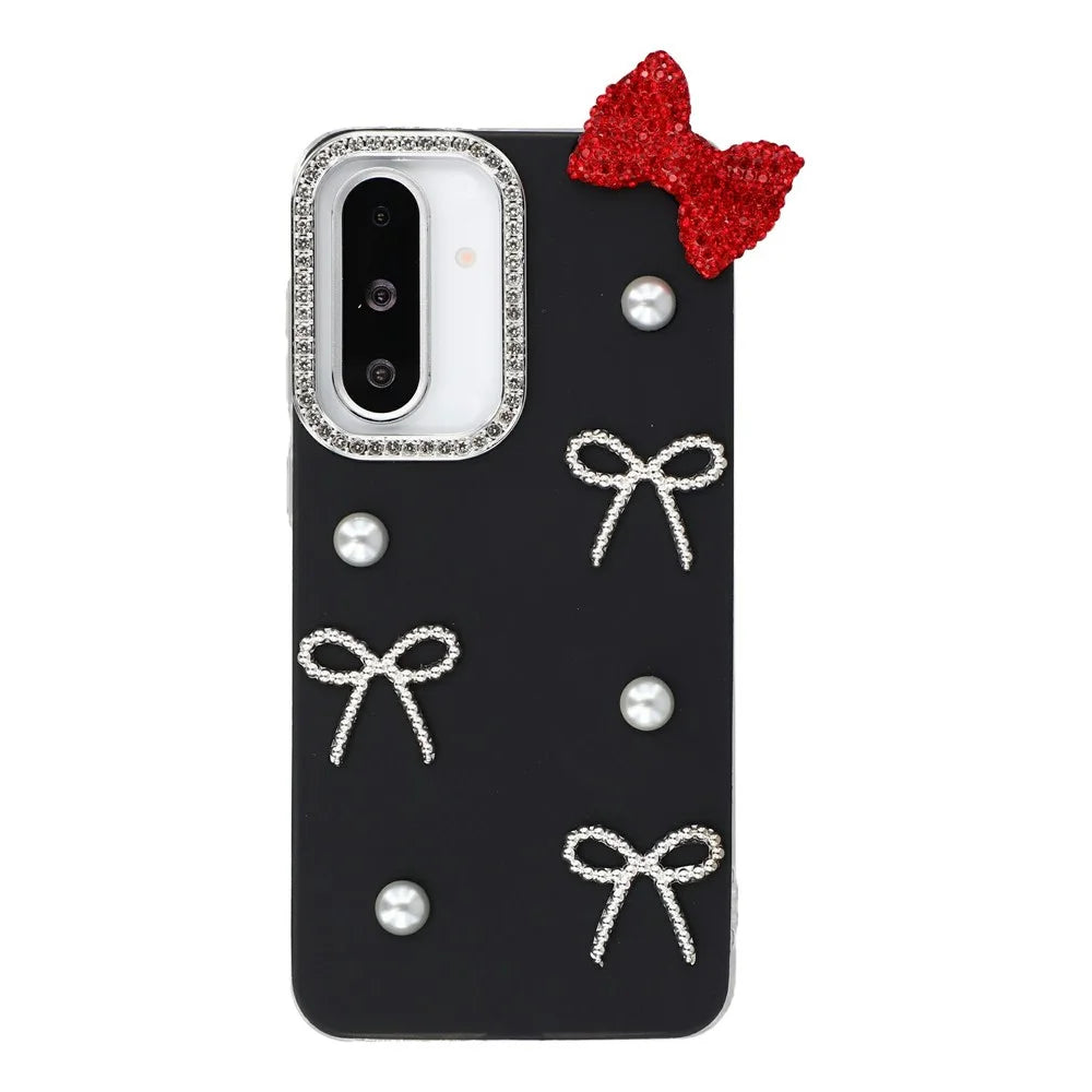 For Samsung Galaxy S24 Case Pearl Bow Decor PC + TPU IMD Phone Cover with Rhinestone Camera Ring - Classic Black - 1