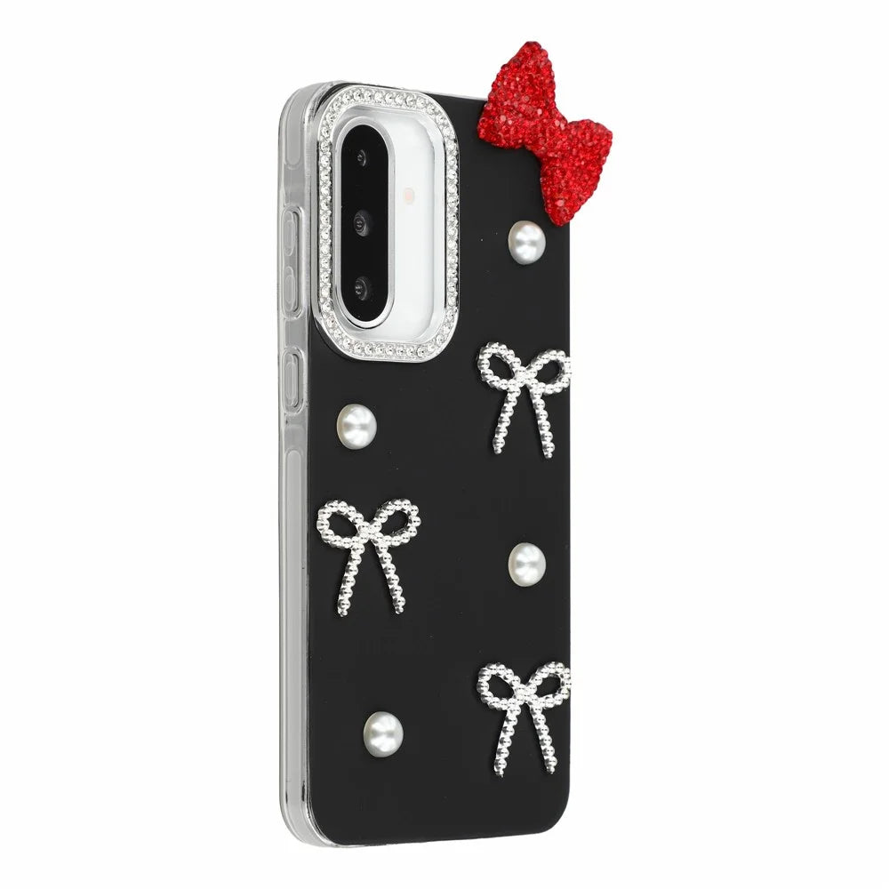 For Samsung Galaxy S24 Case Pearl Bow Decor PC + TPU IMD Phone Cover with Rhinestone Camera Ring - Classic Black - 2
