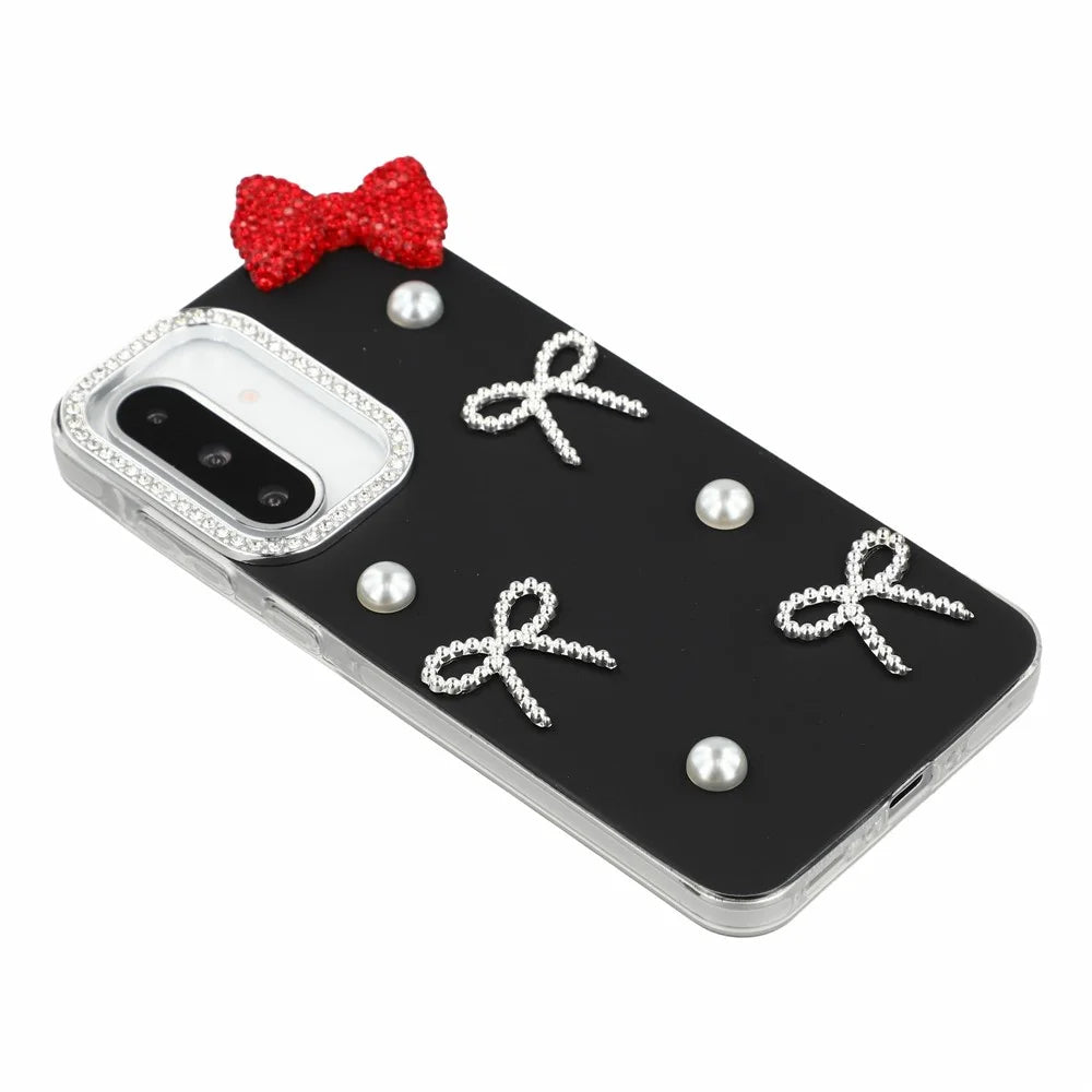 For Samsung Galaxy A37 5G Case Pearl Bow Decor PC + TPU IMD Phone Cover with Rhinestone Camera Ring - Classic Black - 3