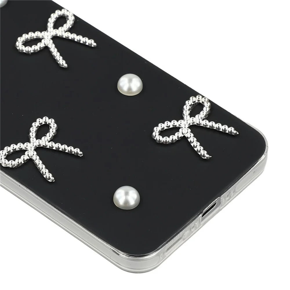 For Samsung Galaxy A35 5G Case Pearl Bow Decor PC + TPU IMD Phone Cover with Rhinestone Camera Ring - Classic Black - 5