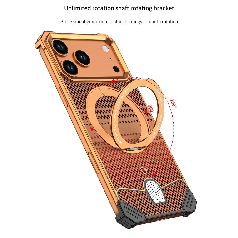 For iPhone 17 Pro Max Case Magnetic Rotating Kickstand Gradient Aramid Fiber Frameless Phone Cover - Orange - 2