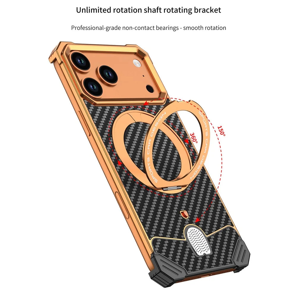 For iPhone 17 Pro Aramid Fiber Case Magnetic Rotating Kickstand Carbon Fiber Texture Frameless Phone Cover - Orange - 2