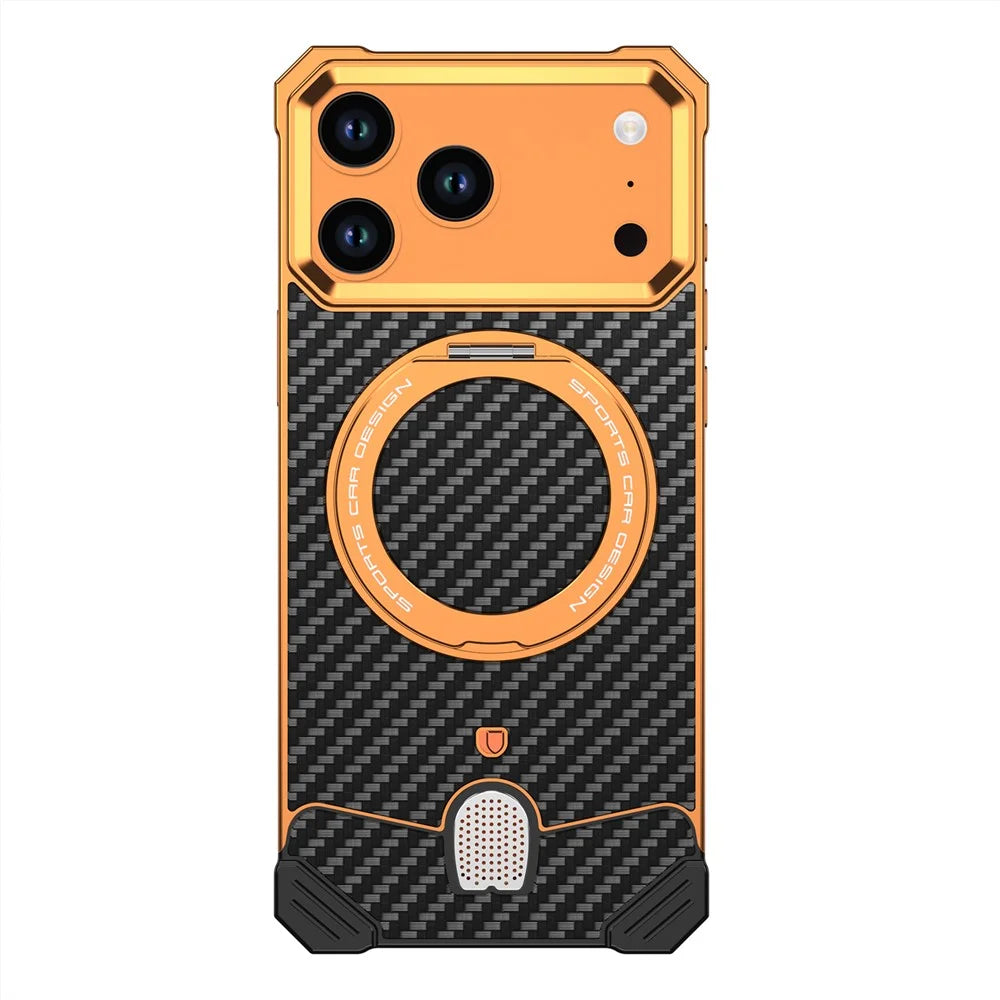 For iPhone 17 Pro Max Aramid Fiber Case Magnetic Rotating Kickstand Carbon Fiber Texture Frameless Phone Cover - Orange - 1