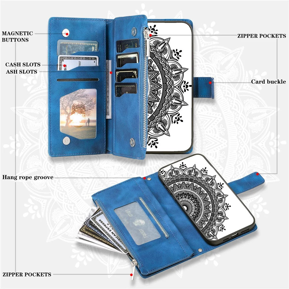 For iPhone XR 6.1 inch Mandala Flower Imprinted PU Leather Case Magnetic Handbag Zipper Pocket Stand Wallet Multiple Card Slots Phone Cover with Strap - Blue - 5