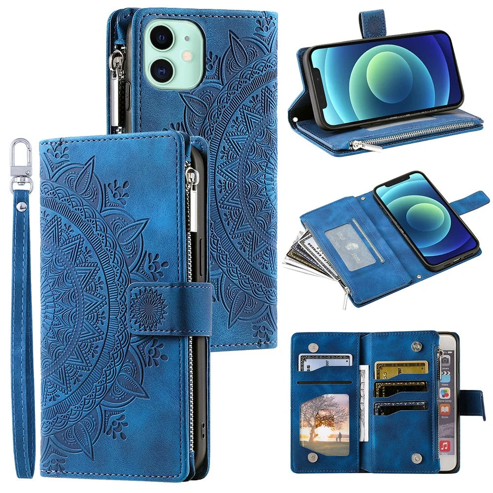 For iPhone 12 mini 5.4 inch Phone Stand Cover Multiple Card Slots PU Leather Wallet Zipper Pocket Mandala Flower Imprinted Phone Case - Blue - 1