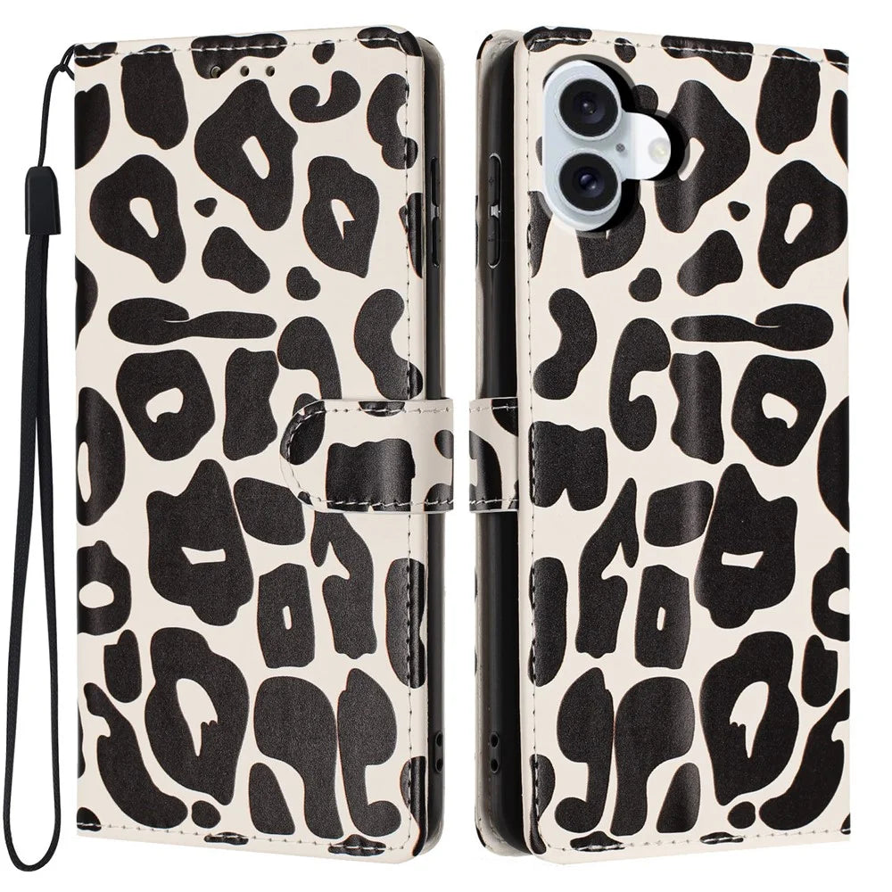 For iPhone 16 Case Leopard Print Wallet Stand Flip Leather Phone Cover with Wrist Strap - Black - 1