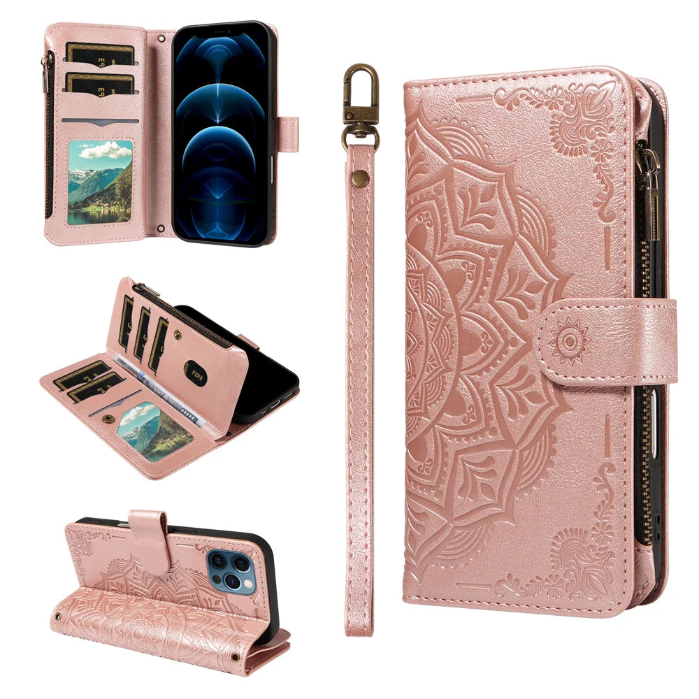 For iPhone 13 Pro Wallet Case 9 Card Slots RFID Blocking Mandala Embossed Leather Flip Cover with Wrist Strap - Rose Gold - 3