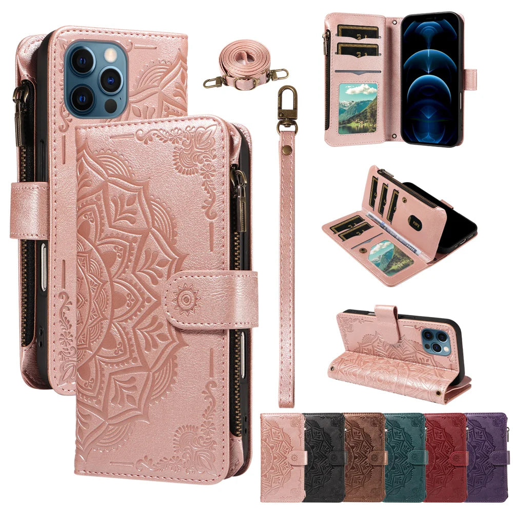 For iPhone 13 Pro Max Wallet Case 9 Card Slots RFID Blocking Mandala Embossed Leather Flip Cover with Wrist Strap - Rose Gold - 4