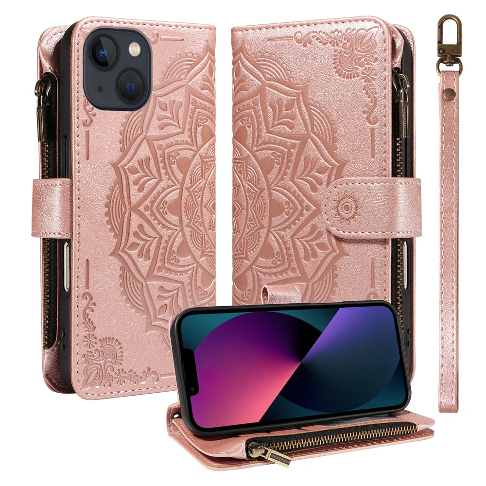 For iPhone 14 Wallet Case 9 Card Slots RFID Blocking Mandala Embossed Leather Flip Cover with Wrist Strap - Rose Gold - 1