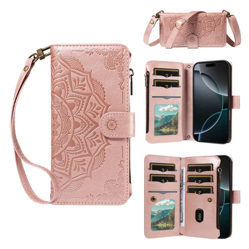 For Samsung Galaxy A27 5G Wallet Case 9 Card Slots RFID Blocking Mandala Embossed Leather Flip Cover with Wrist Strap - Rose Gold - 5