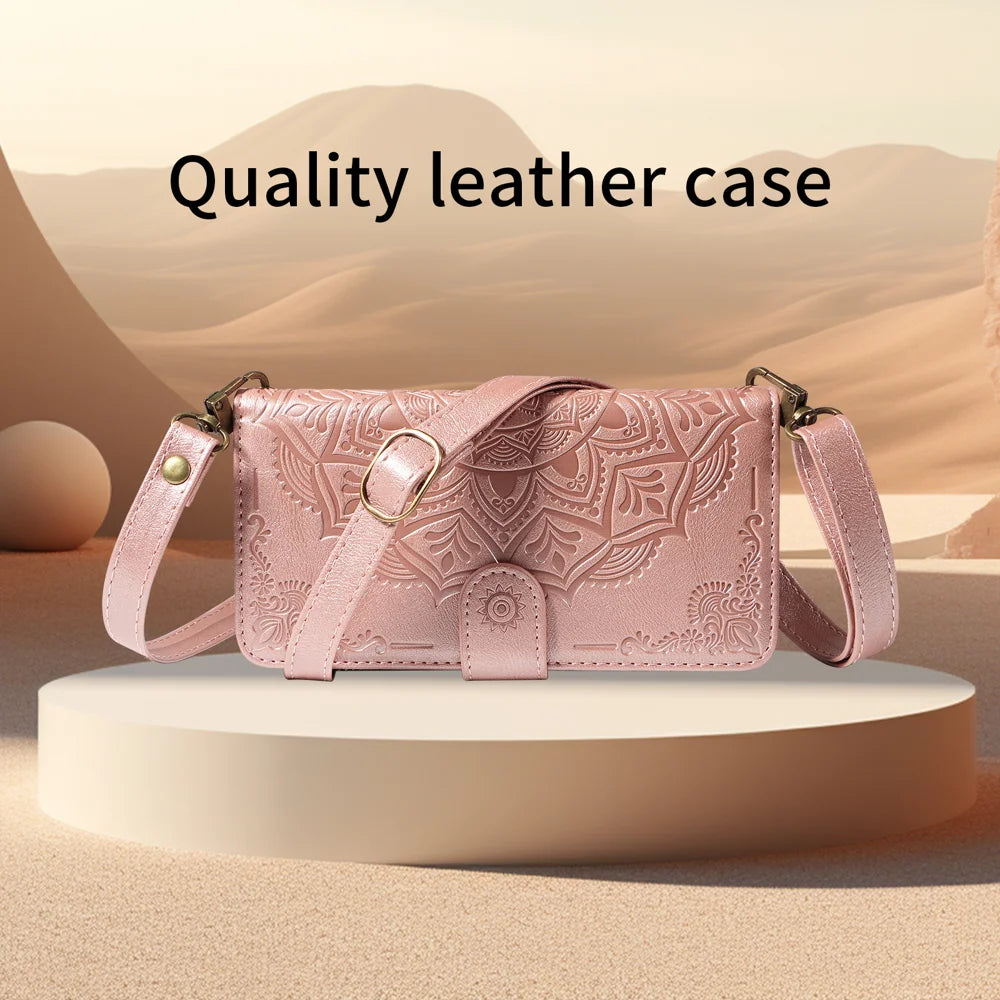 For Samsung Galaxy A27 5G Wallet Case 9 Card Slots RFID Blocking Mandala Embossed Leather Flip Cover with Wrist Strap - Rose Gold - 6