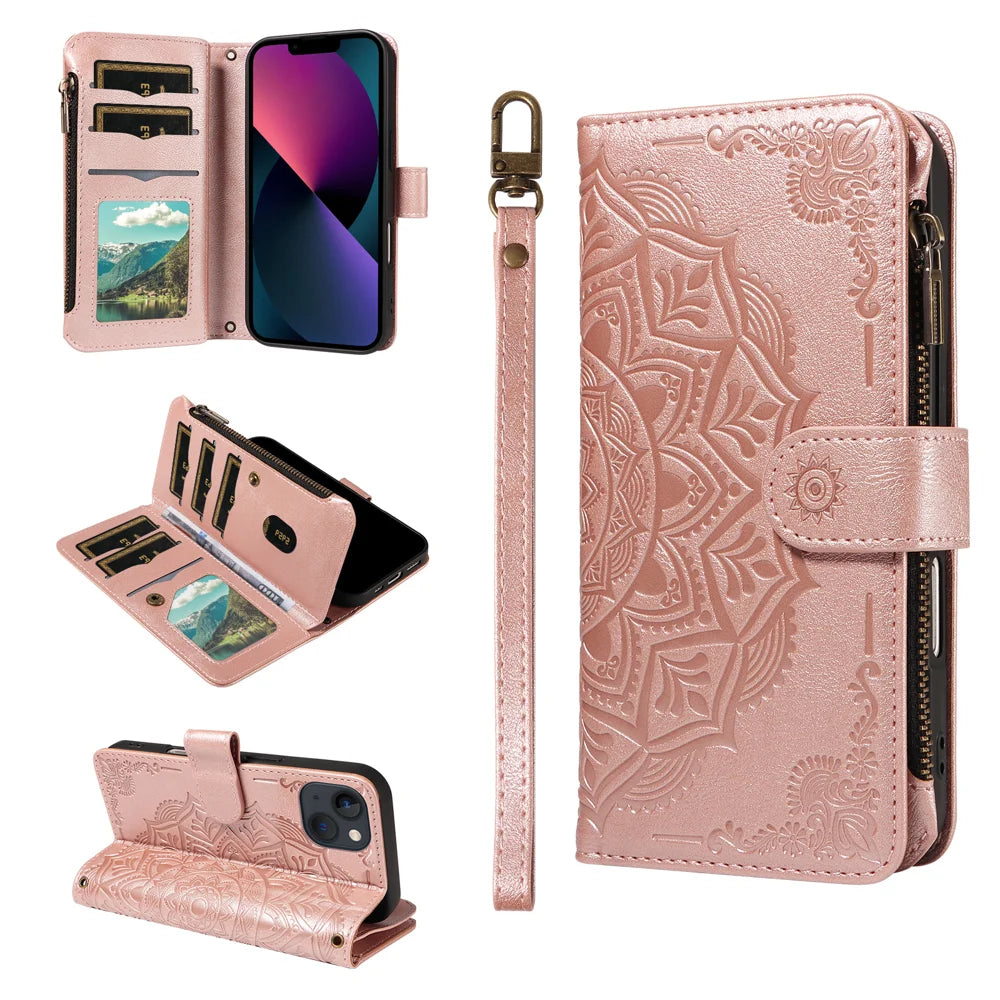 For iPhone 13 Wallet Case 9 Card Slots RFID Blocking Mandala Embossed Leather Flip Cover with Wrist Strap - Rose Gold - 3