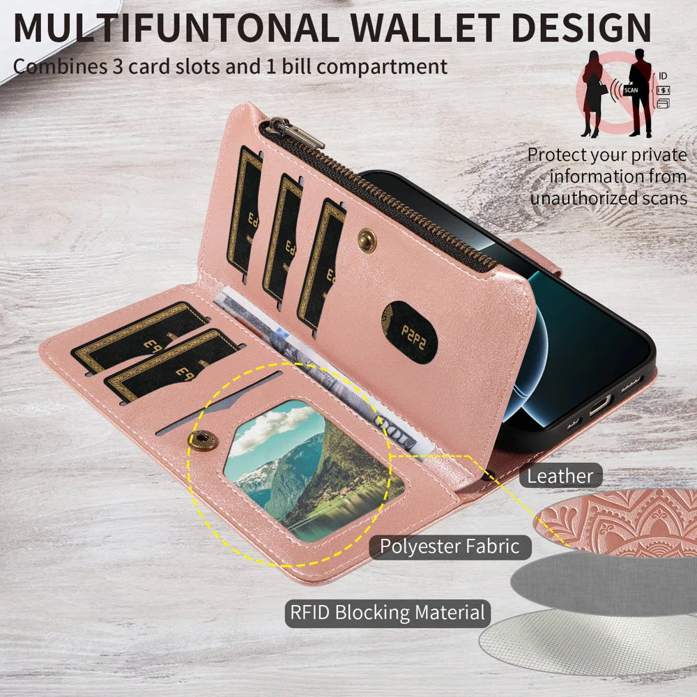 For iPhone 13 Wallet Case 9 Card Slots RFID Blocking Mandala Embossed Leather Flip Cover with Wrist Strap - Rose Gold - 7