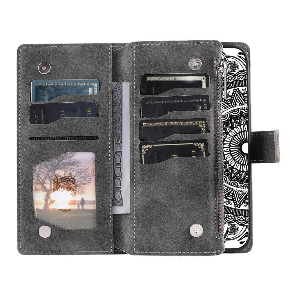 For iPhone XS Max 6.5 inch Mandala Flower Imprinted PU Leather Wallet Folio Flip Case Zipper Pocket Multiple Card Slots Stand Phone Cover with Strap - Grey - 2