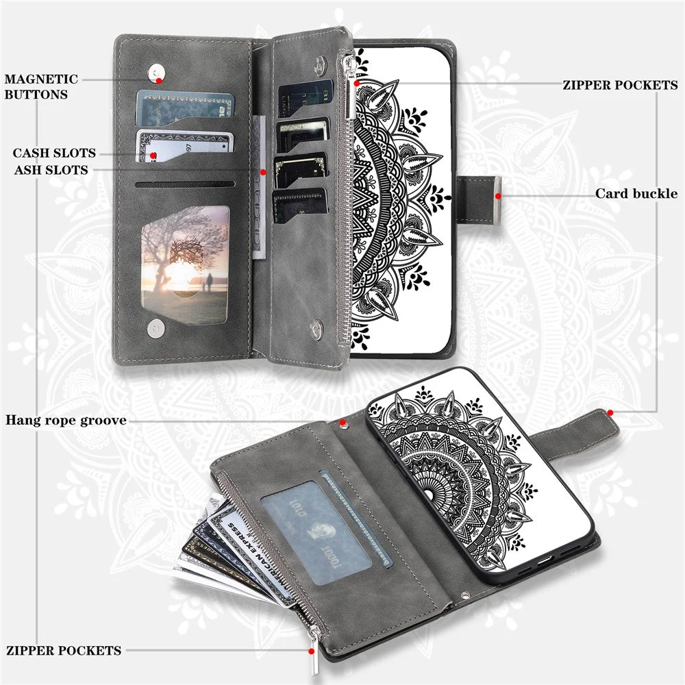 For iPhone XS Max 6.5 inch Mandala Flower Imprinted PU Leather Wallet Folio Flip Case Zipper Pocket Multiple Card Slots Stand Phone Cover with Strap - Grey - 5
