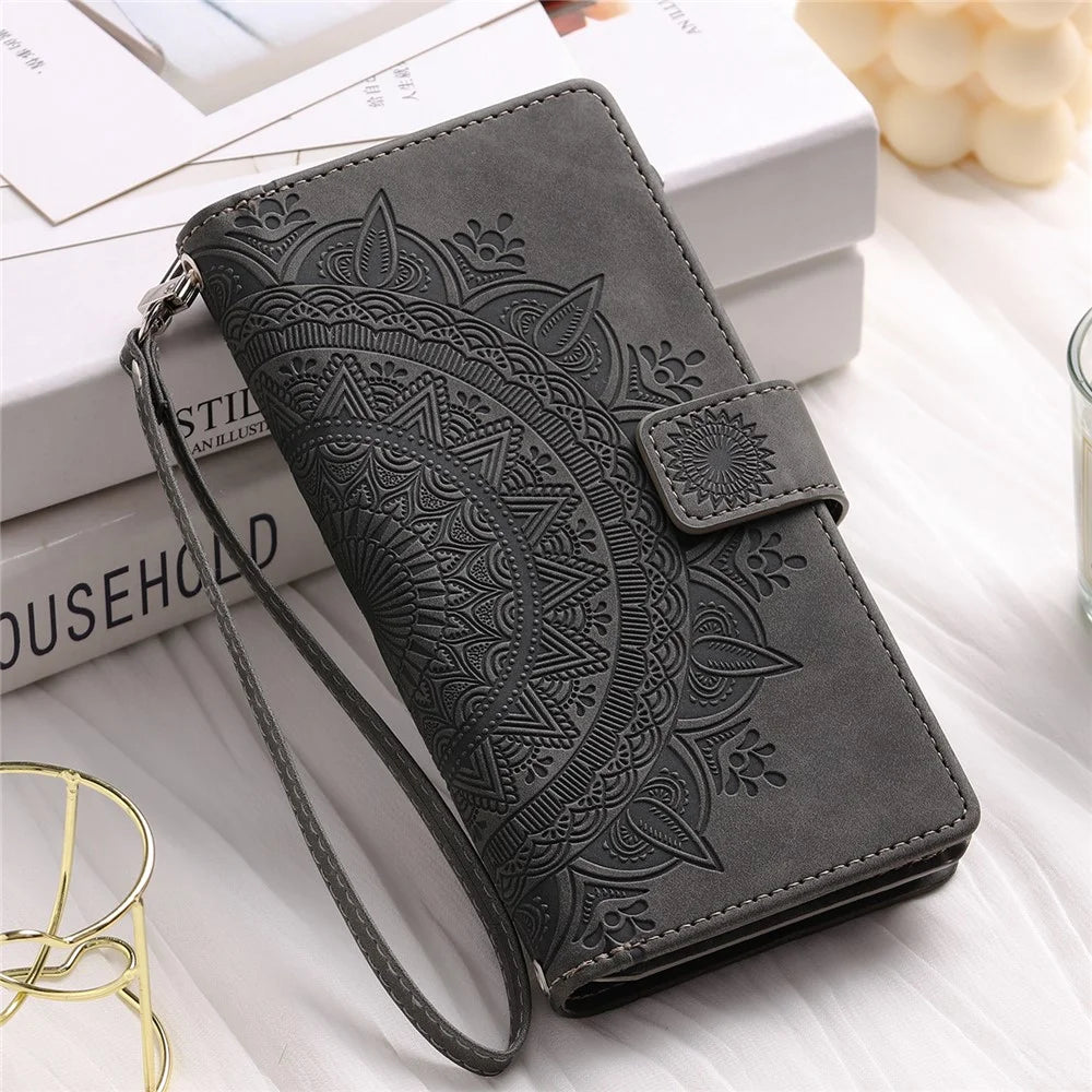 For iPhone XS Max 6.5 inch Mandala Flower Imprinted PU Leather Wallet Folio Flip Case Zipper Pocket Multiple Card Slots Stand Phone Cover with Strap - Grey - 7