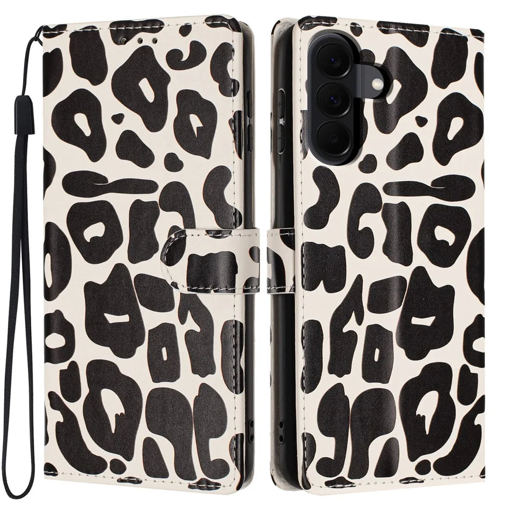 For Samsung Galaxy A18 4G Case Leopard Print Wallet Stand Flip Leather Phone Cover with Wrist Strap - Black - 1