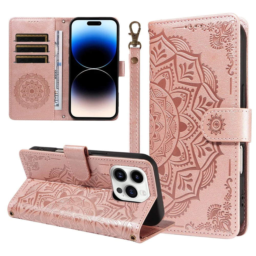 For iPhone 14 Pro Max Wallet Case Embossed Mandala Pattern PU Leather + TPU Cover with Wrist Strap - Rose Gold - 1