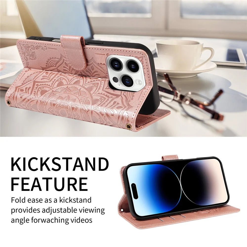 For iPhone 14 Pro Max Wallet Case Embossed Mandala Pattern PU Leather + TPU Cover with Wrist Strap - Rose Gold - 2