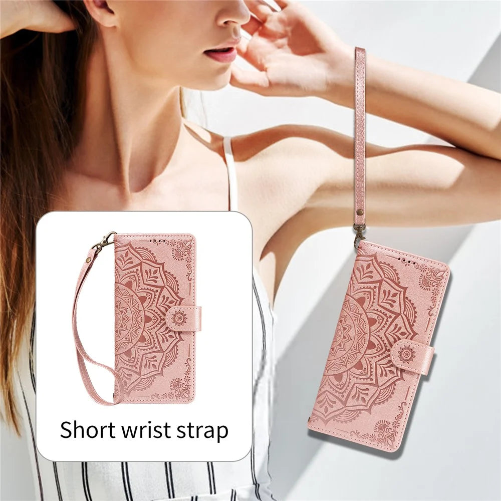 For iPhone 14 Pro Max Wallet Case Embossed Mandala Pattern PU Leather + TPU Cover with Wrist Strap - Rose Gold - 3