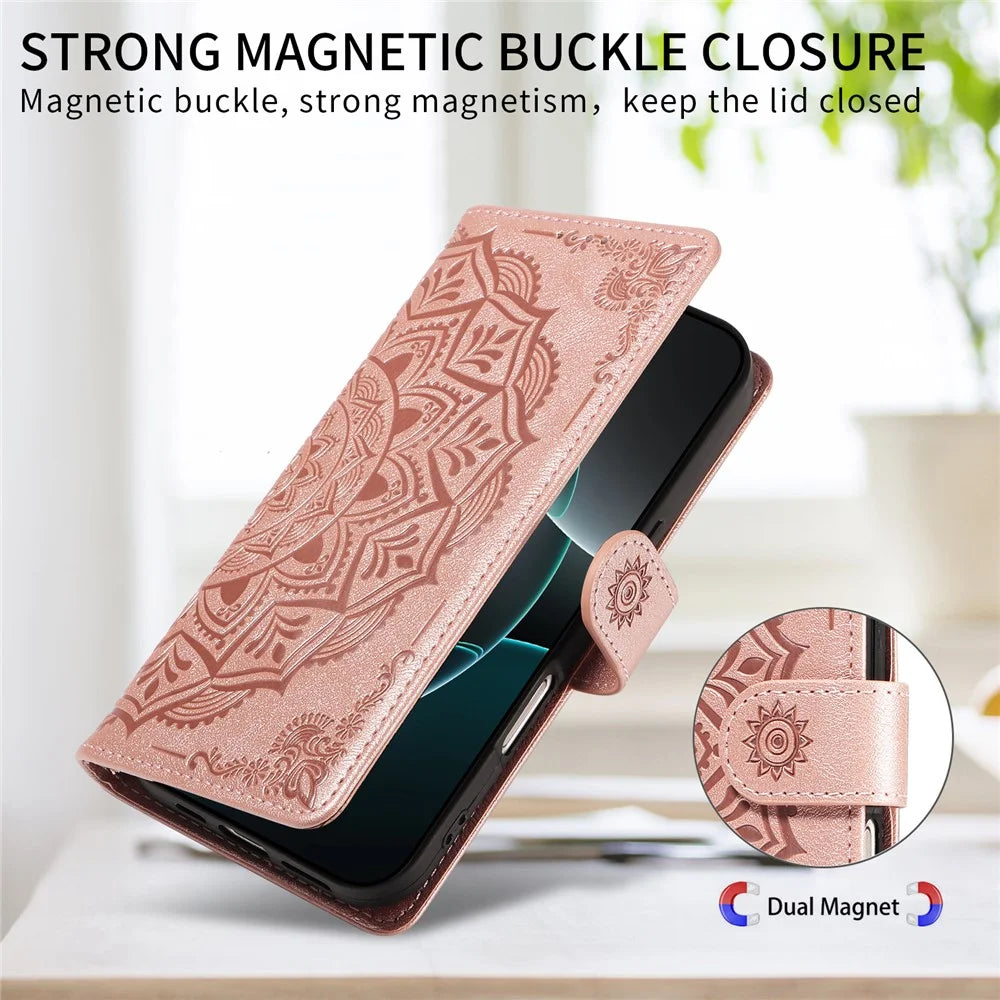 For iPhone 14 Pro Max Wallet Case Embossed Mandala Pattern PU Leather + TPU Cover with Wrist Strap - Rose Gold - 4
