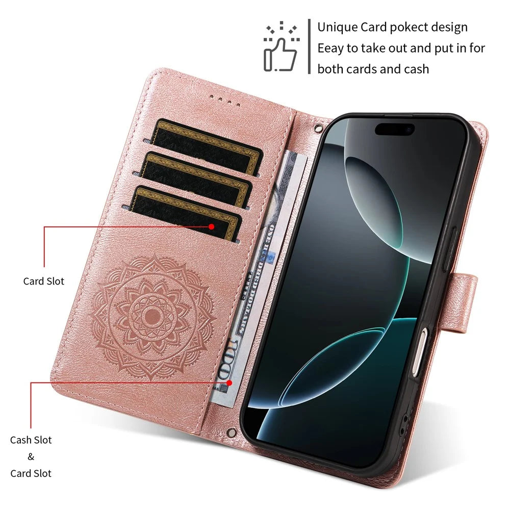 For iPhone 14 Pro Max Wallet Case Embossed Mandala Pattern PU Leather + TPU Cover with Wrist Strap - Rose Gold - 5