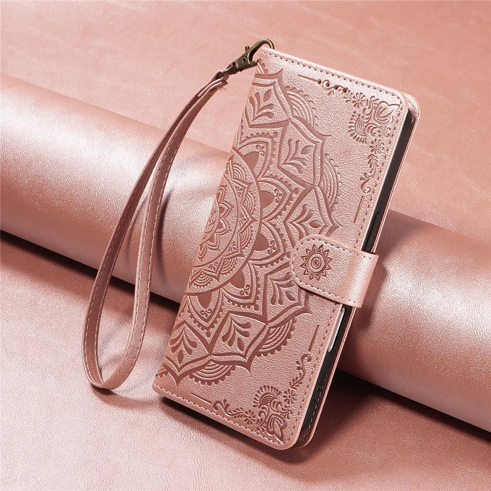 For iPhone 14 Pro Max Wallet Case Embossed Mandala Pattern PU Leather + TPU Cover with Wrist Strap - Rose Gold - 6
