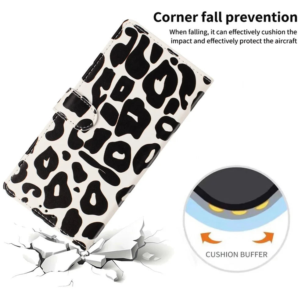 For Samsung Galaxy S26 Ultra Case Leopard Print Wallet Stand Flip Leather Phone Cover with Wrist Strap - Black - 4