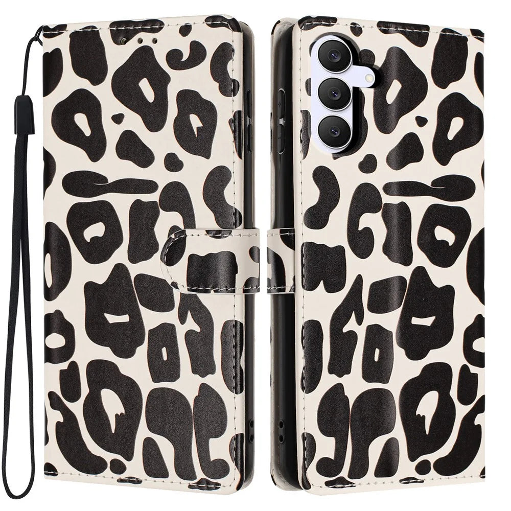 For Samsung Galaxy S26 FE Case Leopard Print Wallet Stand Flip Leather Phone Cover with Wrist Strap - Black - 1