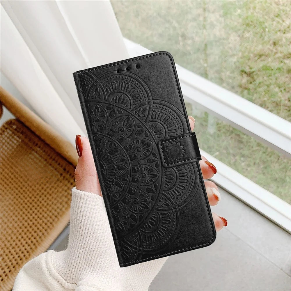 For Samsung Galaxy A18 4G Leather Case Stand Card Slots Mandala Pattern Phone Cover with Wrist Strap - Black - 5