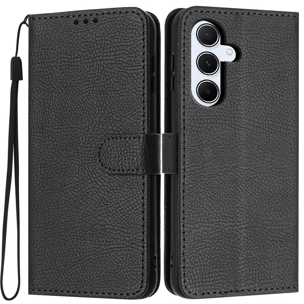 For Samsung Galaxy A18 4G Wallet Case Litchi Texture Leather Flip Cover with Card Slots and Hand Strap - Black - 1