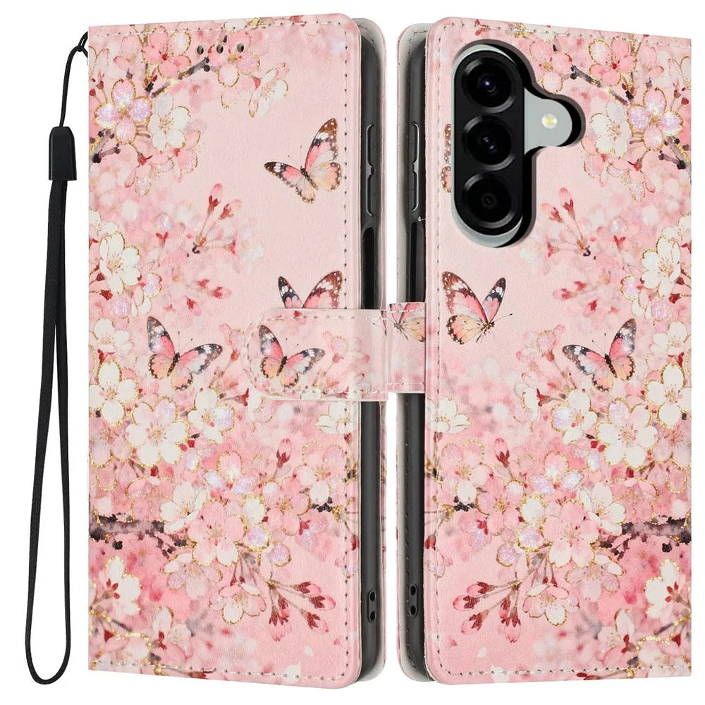 For Samsung Galaxy A18 4G Wallet Case Pattern Printing PU Leather Stand Flip Phone Cover with Wrist Strap - Pink Sakura Butterfly - 1