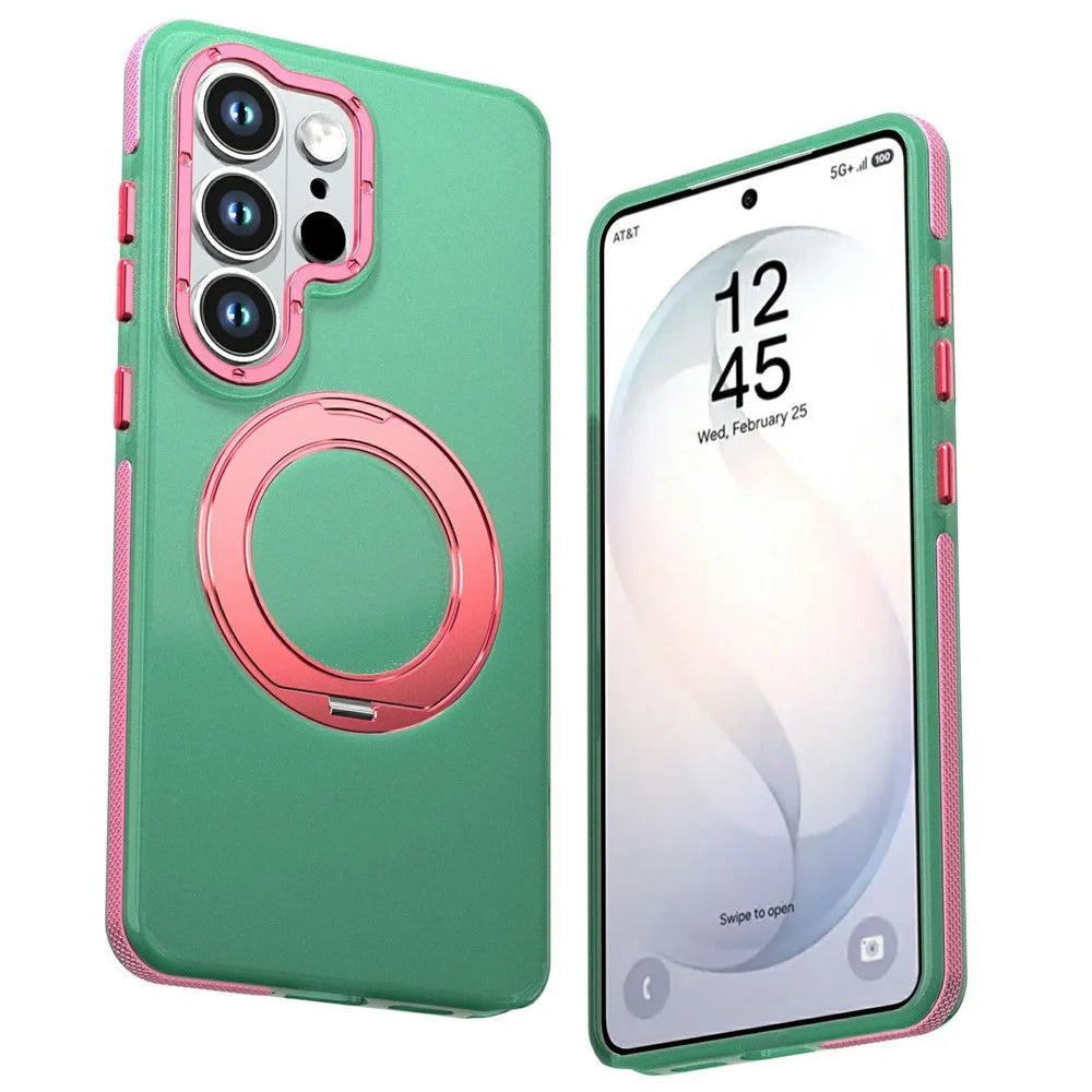 For Samsung Galaxy S25 Ultra Case Rotating Kickstand Contrasting Color Design PC + TPU Phone Cover - Green - 1