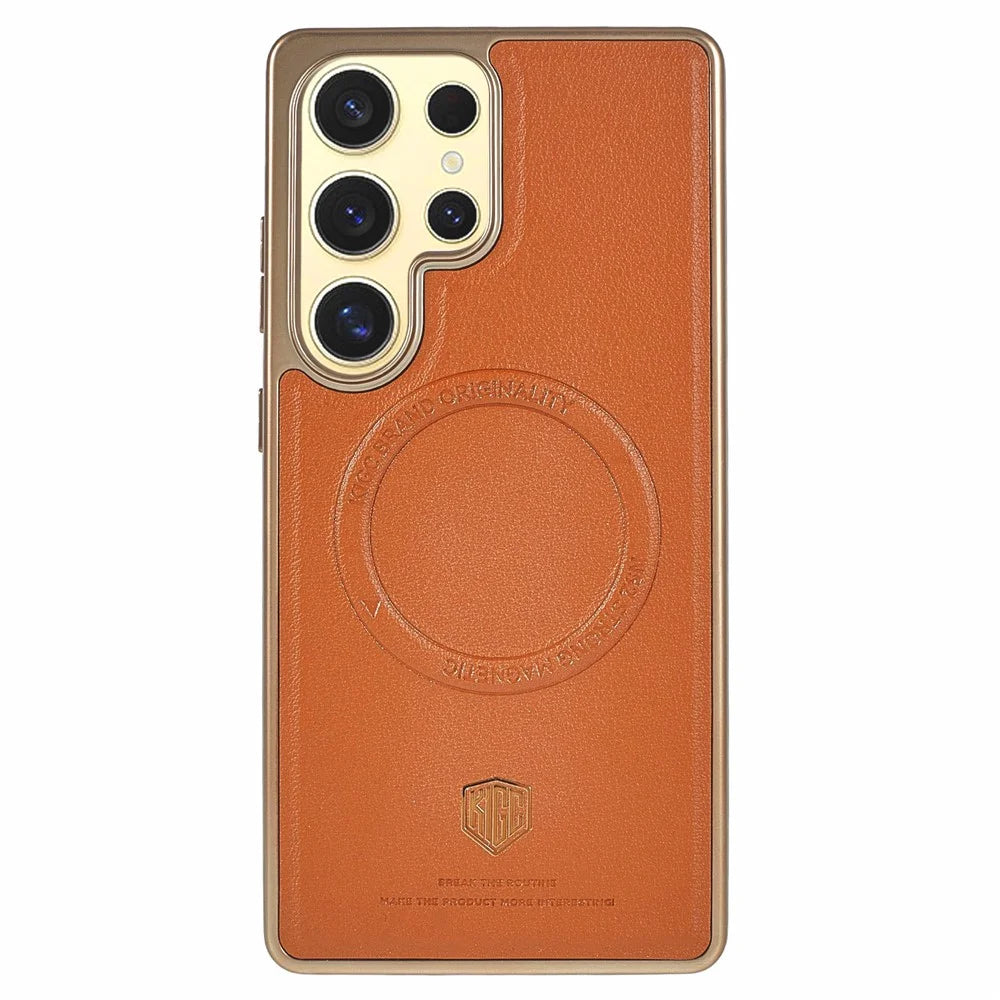 KIGC for Samsung Galaxy S26 Ultra Magnetic Case PC + TPU + PU Electroplating Phone Cover - Titanium Gold - 1