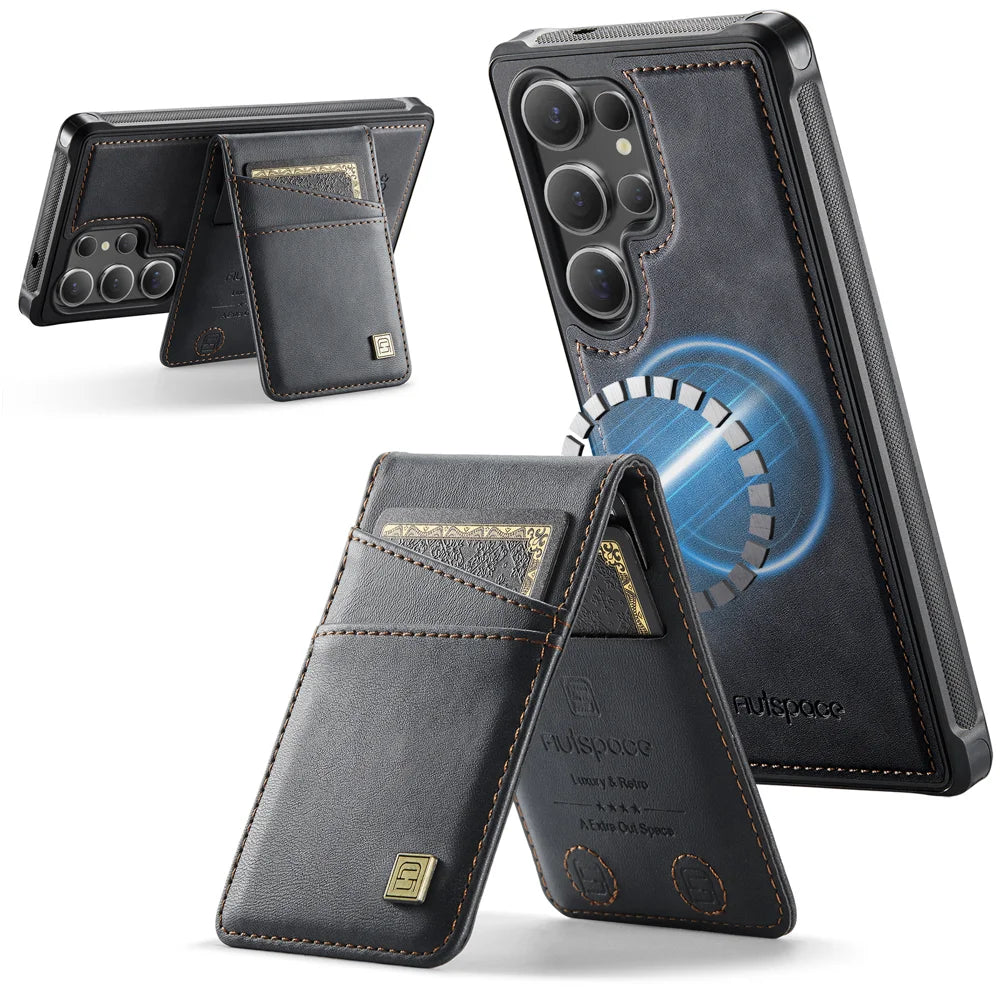 AUTSPACE for Samsung Galaxy S26 Ultra Case  A12 Leather Back Cover with Magnetic Detachable Card Bag Kickstand - Black - 1