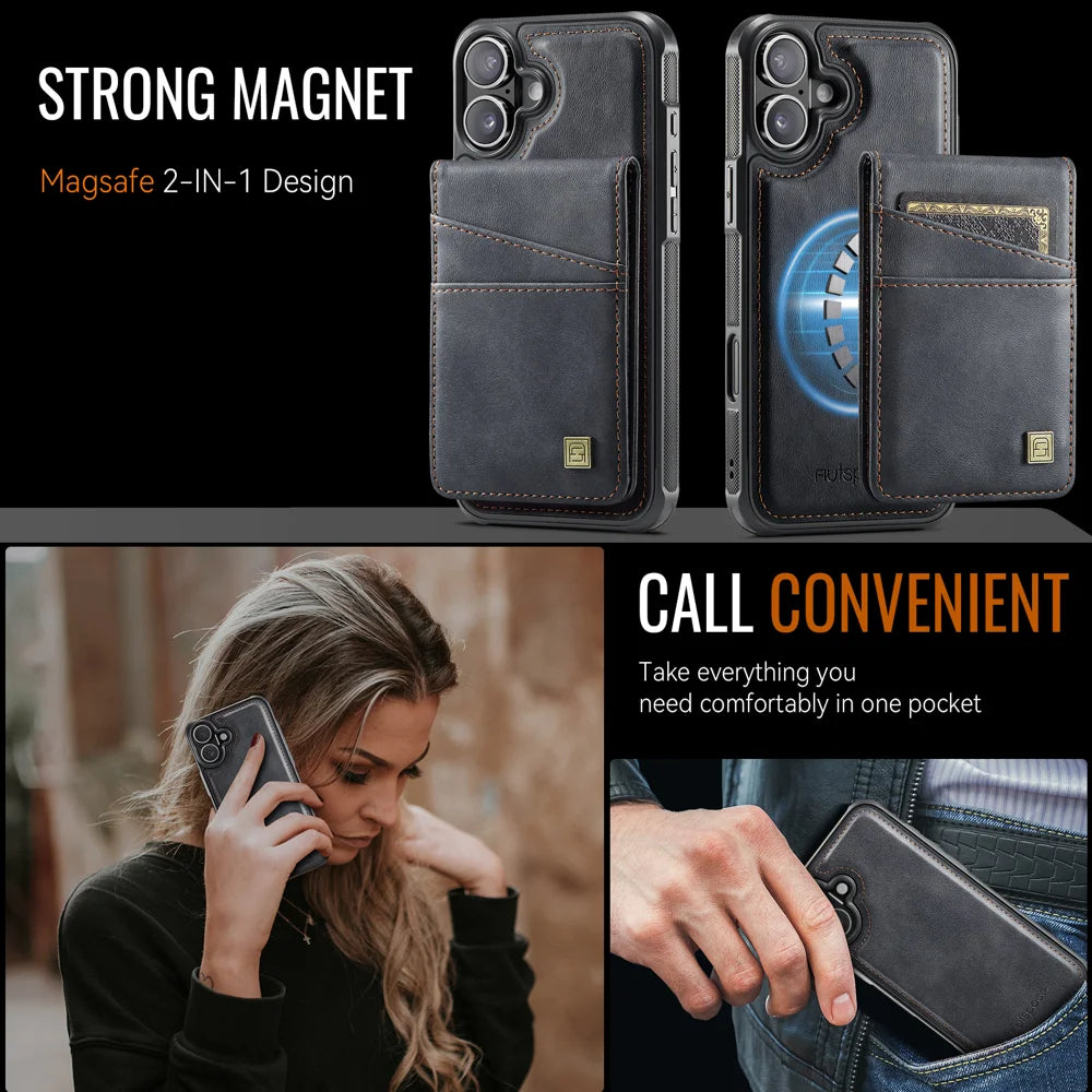 AUTSPACE for iPhone 17 Case  A12 Leather Back Cover with Magnetic Detachable Card Bag Kickstand - Black - 7