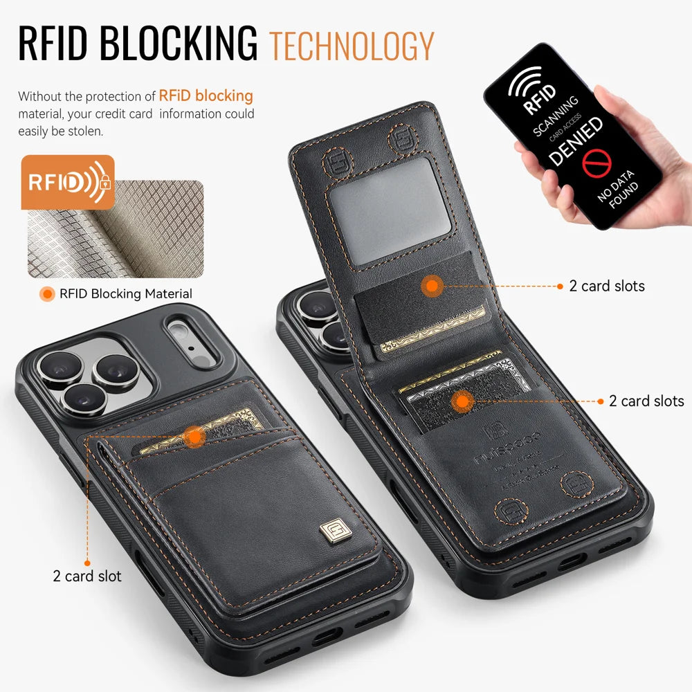 AUTSPACE for iPhone 17 Pro Case  A12 Leather Back Cover with Magnetic Detachable Card Bag Kickstand - Black - 2