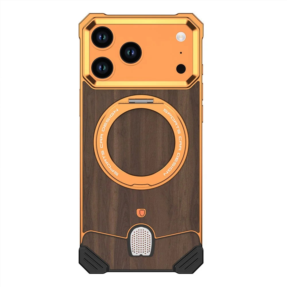 For iPhone 17 Pro Max Frameless Case Walnut Wood Pattern Rotating Kickstand Metal Snap-on Phone Cover - Orange - 1