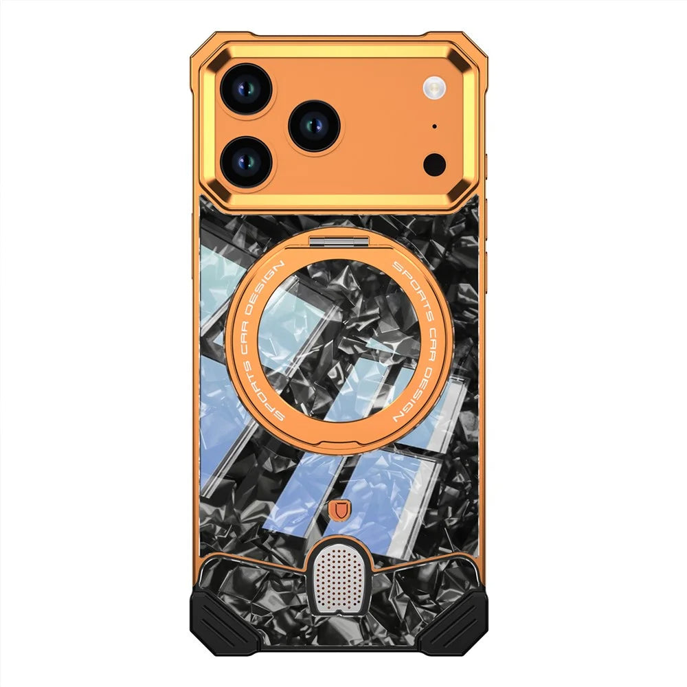 For iPhone 17 Pro Max Frameless Case Marble Pattern Rotating Kickstand Metal Snap-on Phone Cover - Orange - 1