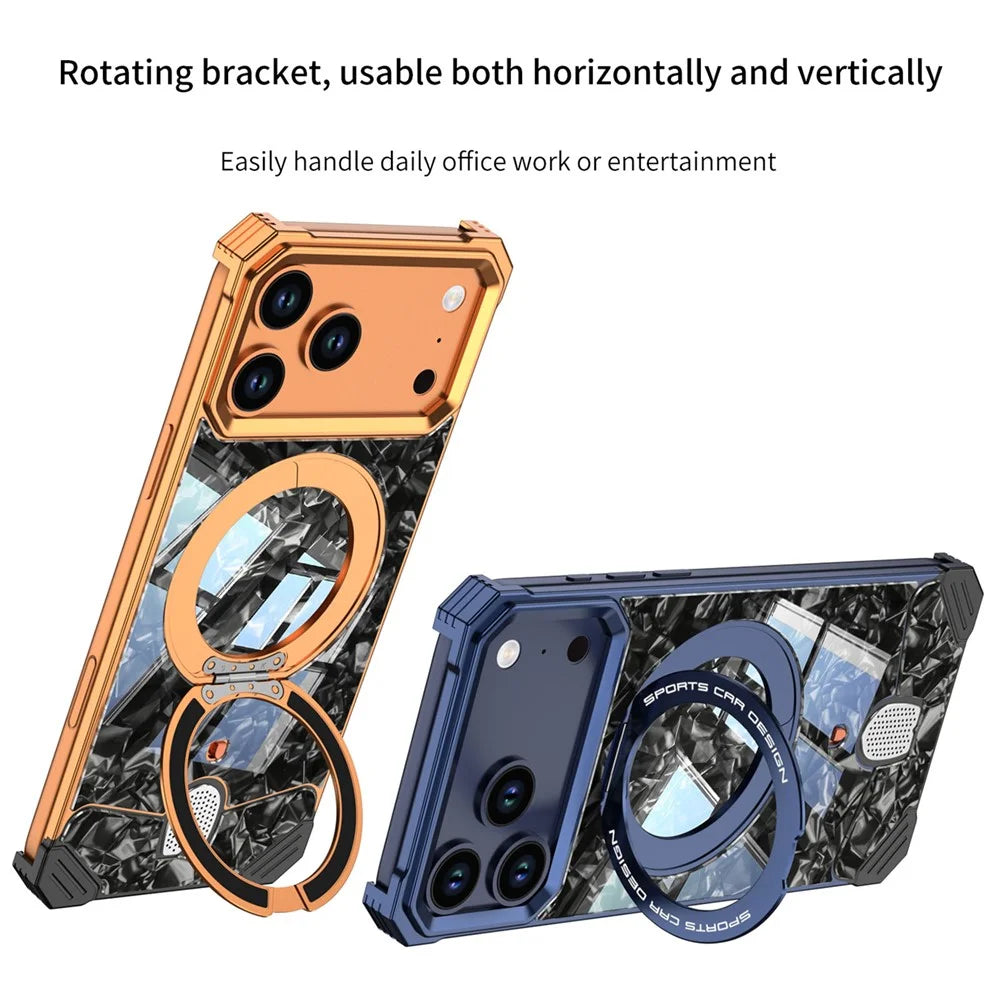 For iPhone 17 Pro Frameless Case Marble Pattern Rotating Kickstand Metal Snap-on Phone Cover - Orange - 2