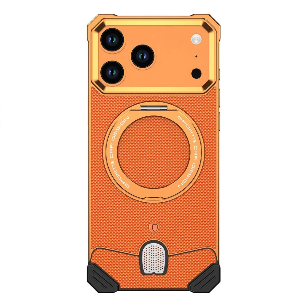 For iPhone 17 Pro Max Frameless Metal Case Snap-on Leather Back Phone Cover with Rotating Kickstand - Orange - 1