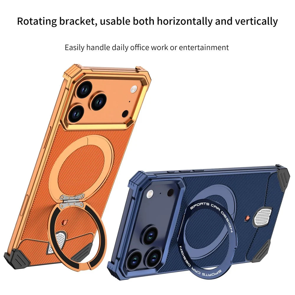 For iPhone 17 Pro Max Frameless Metal Case Snap-on Leather Back Phone Cover with Rotating Kickstand - Orange - 2